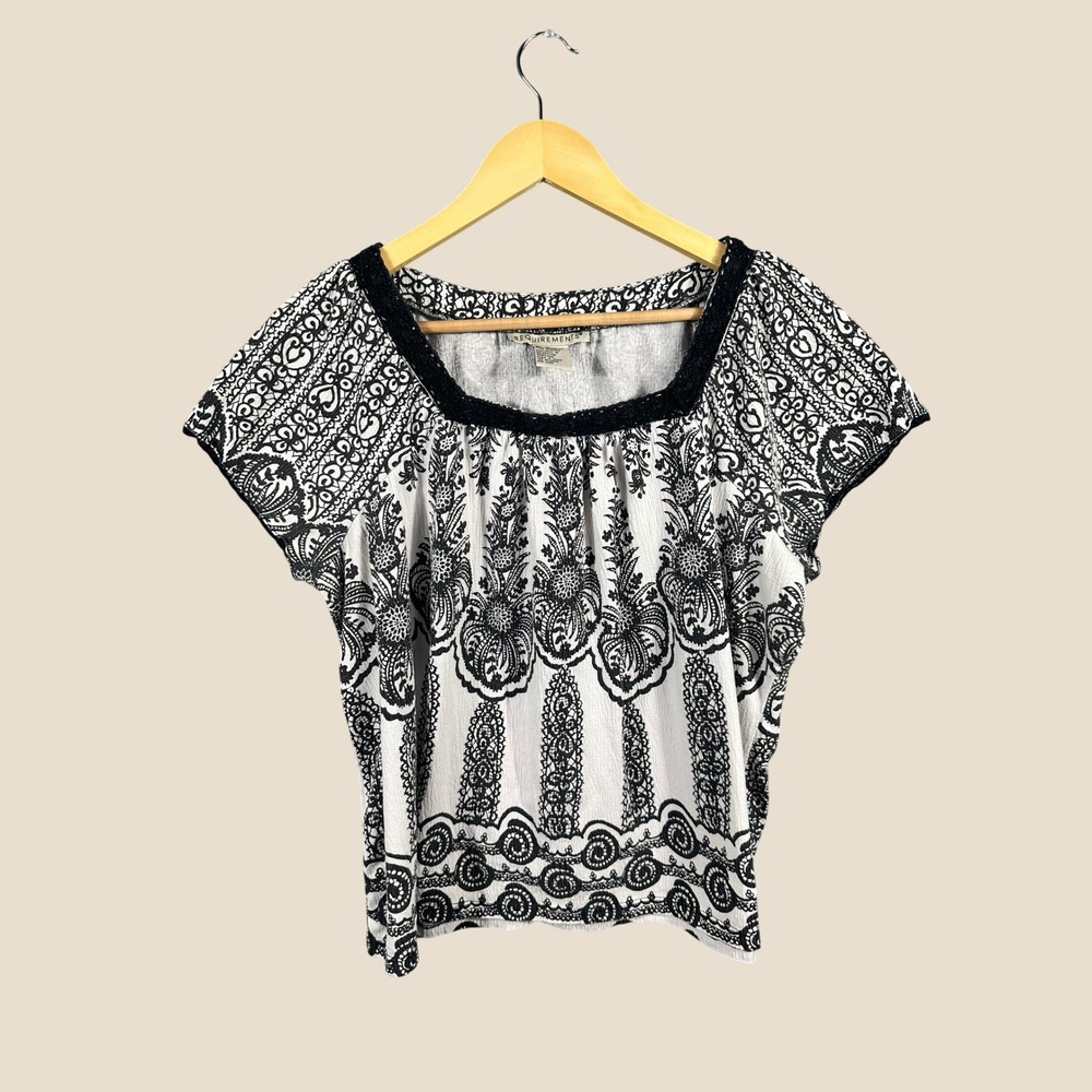 Paisley Print Peasant Top XL Black White Flutter Sleeve Crochet Trim Boho Blouse